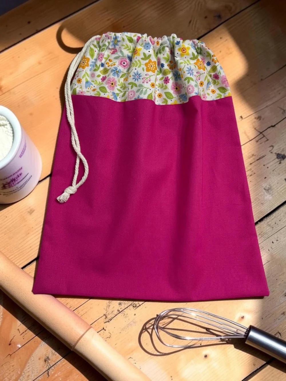 Organic Pink Floral Bread Bag, Reusable Sourdough Cotton Bread Storage Bag